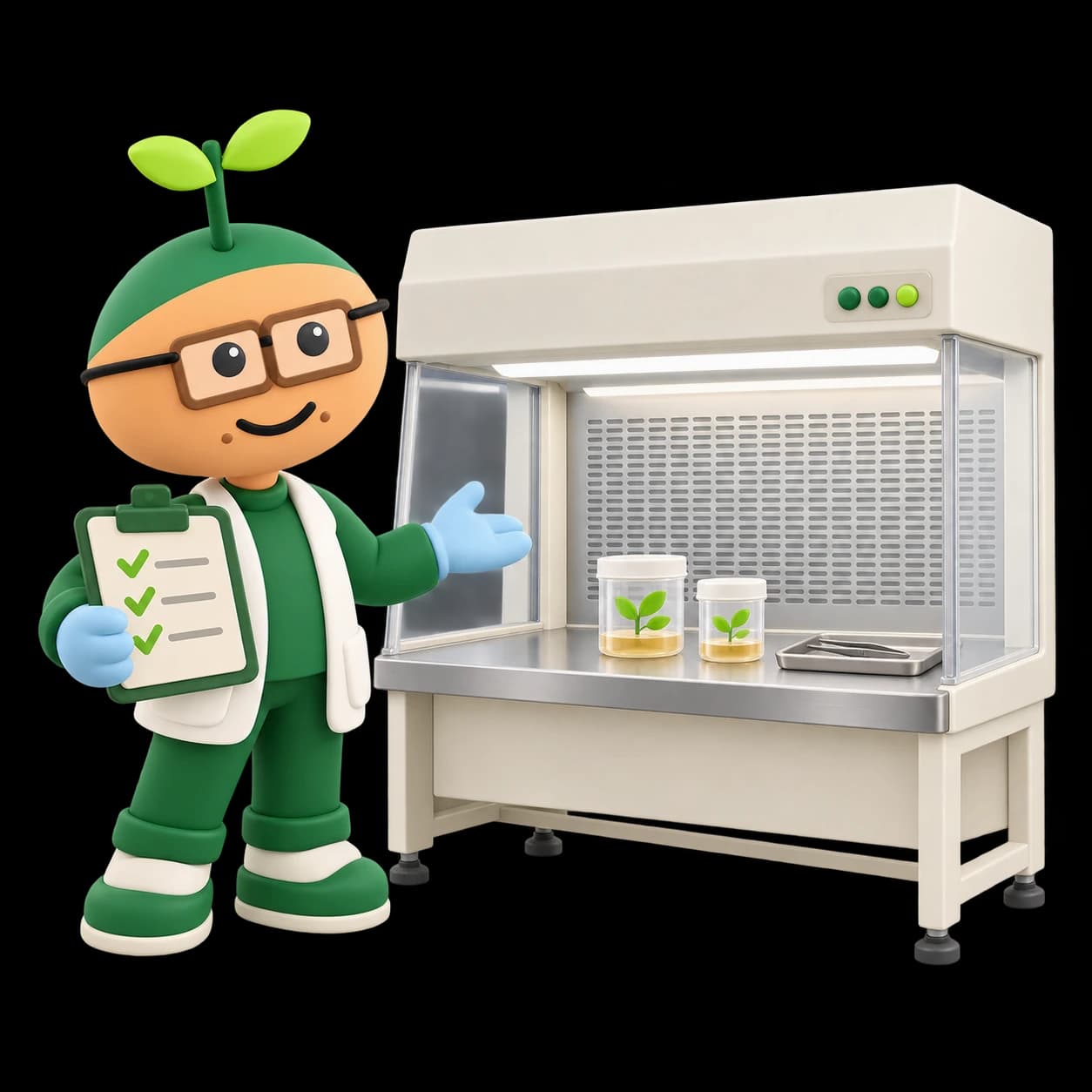 Soft-vinyl illustration of a technician with a certification checklist beside a laminar-flow clean bench with a rear filter panel, closed plantlet jars and a forceps tray.