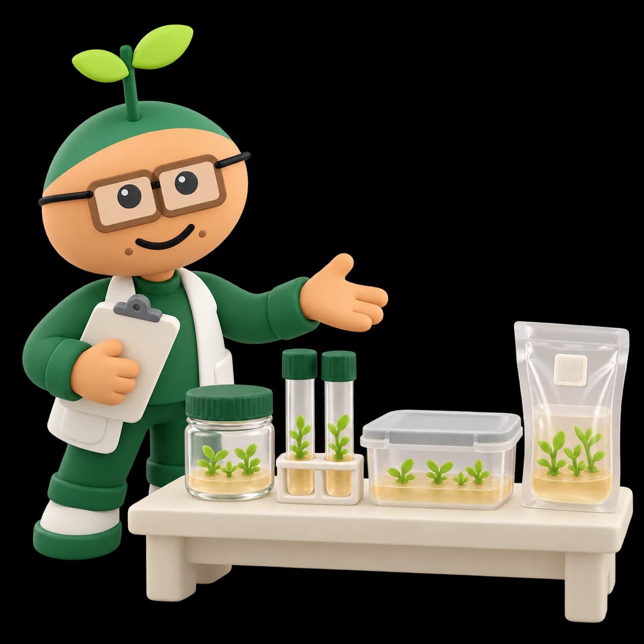 Soft-vinyl illustration of a technician comparing a closed culture jar, capped tubes, a lidded rectangular tub and a sealed filter-patch pouch containing plantlets.