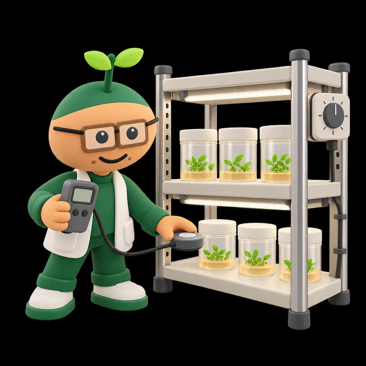 Soft-vinyl illustration of a technician checking a light sensor and handheld meter beside two LED-lit culture shelves holding closed plantlet jars.