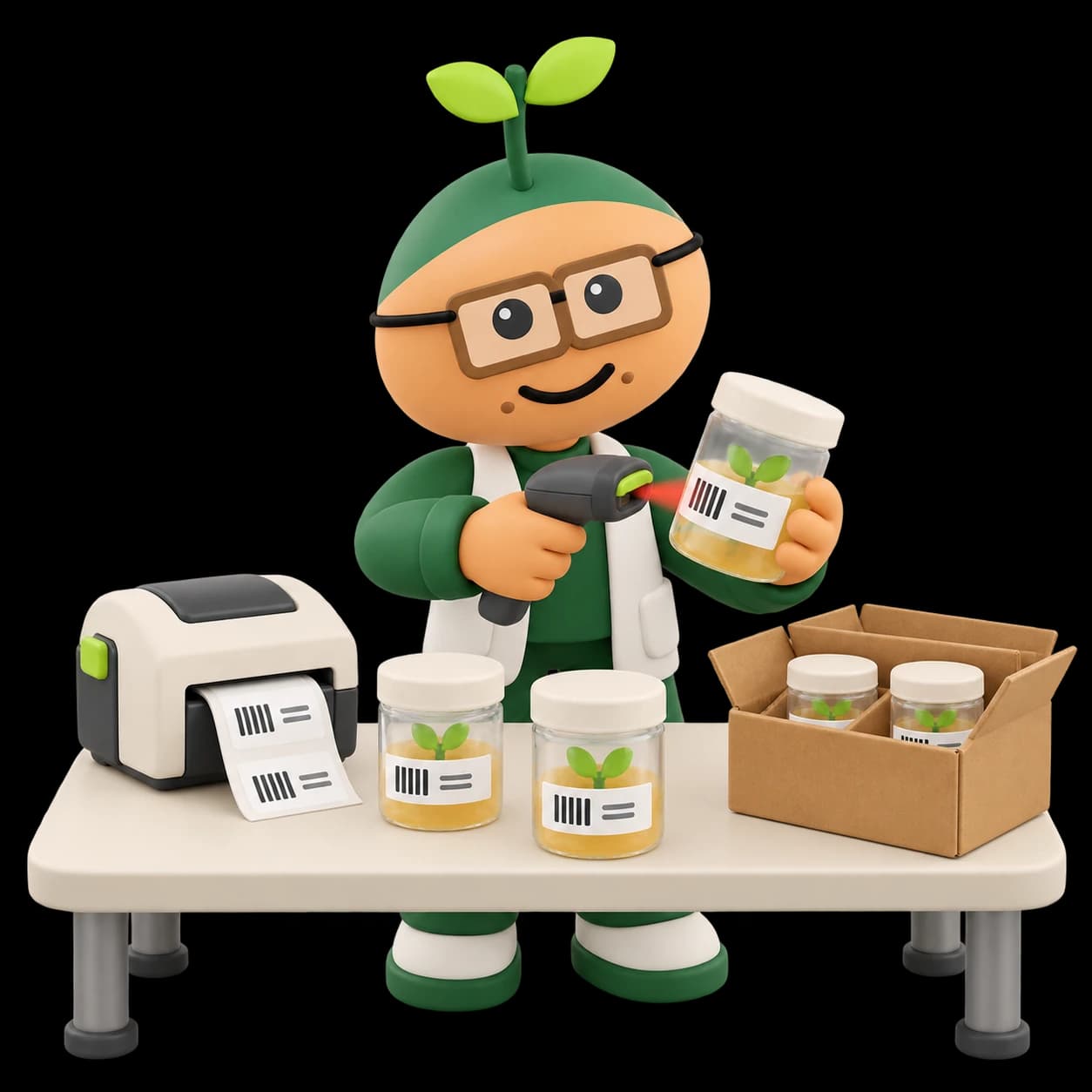 Soft-vinyl illustration of a technician scanning a label on a closed culture jar beside a thermal label printer, labelled plantlet jars and a divided shipment box.