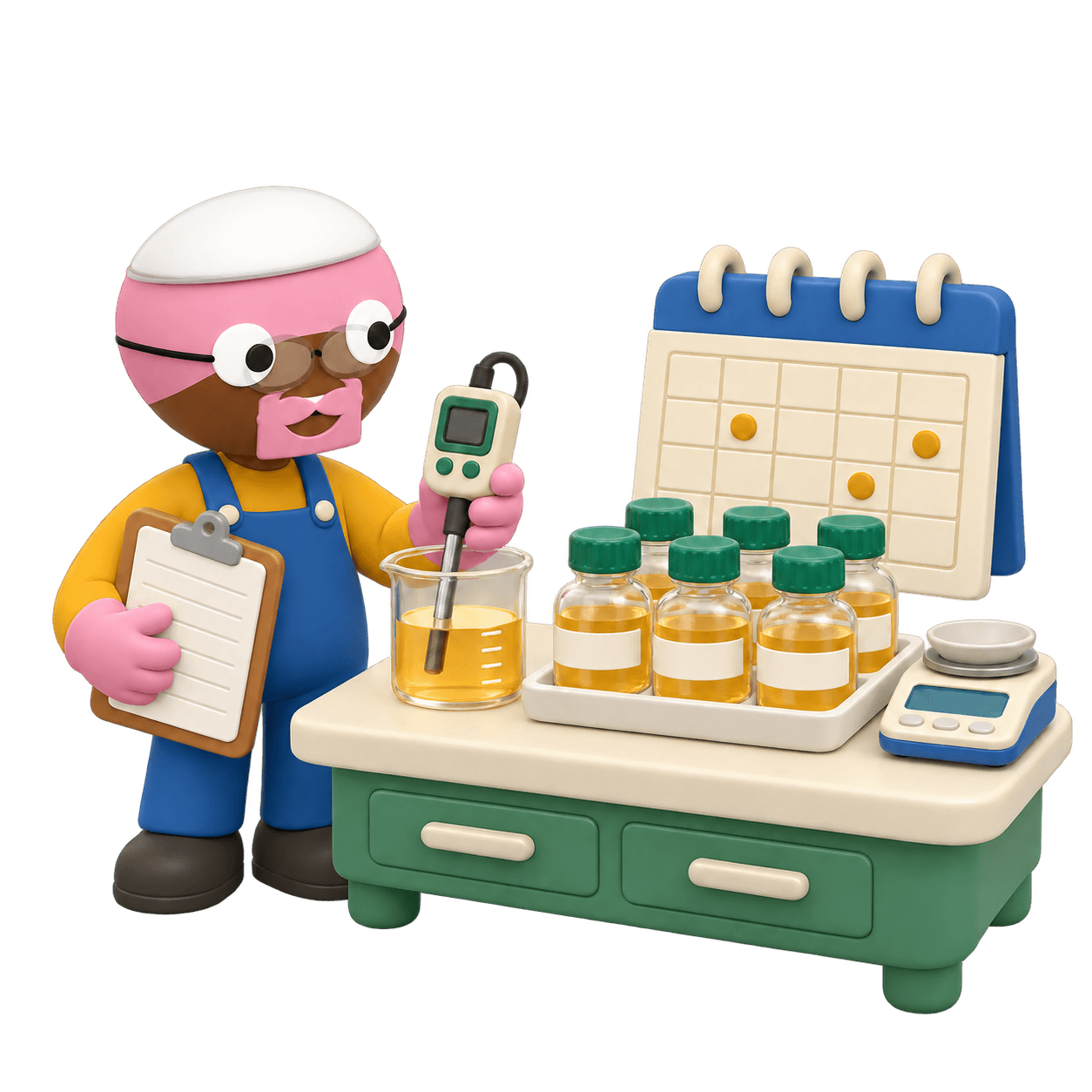 Illustration of a lab worker with a clipboard checking a beaker of medium with a pH probe, beside six labelled batch bottles, a planning calendar and a balance.