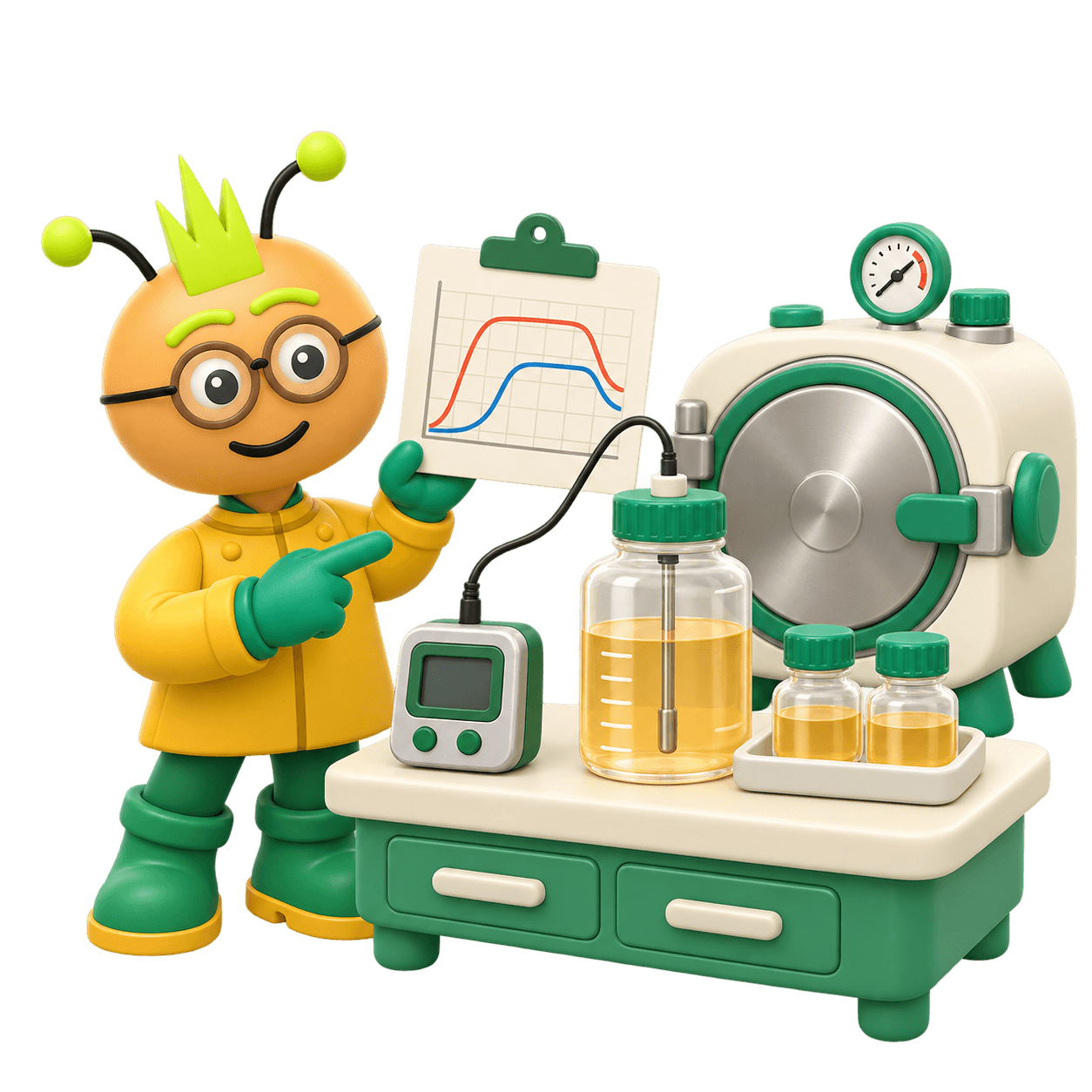 Illustration of a technician holding up a chart of two temperature traces beside a data logger wired to a probe in a reference bottle, with a closed autoclave behind.