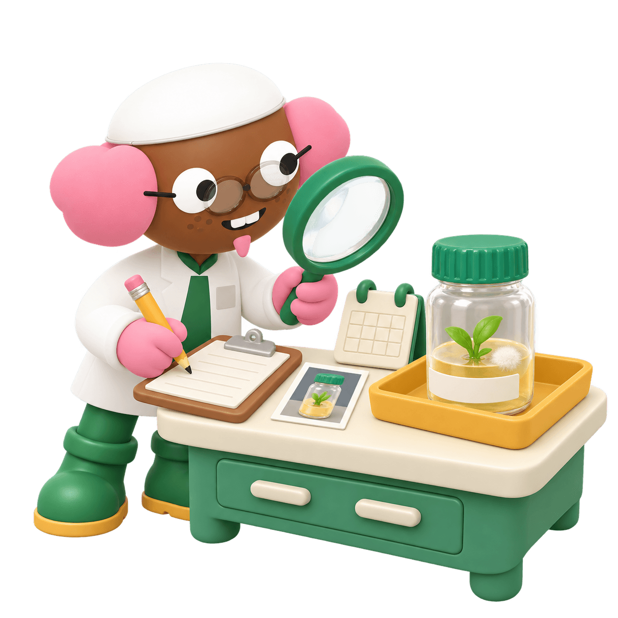 Illustration of a technician in a lab coat inspecting a sealed culture jar with a small fuzzy patch through a magnifying glass, writing notes beside a photo of the jar.