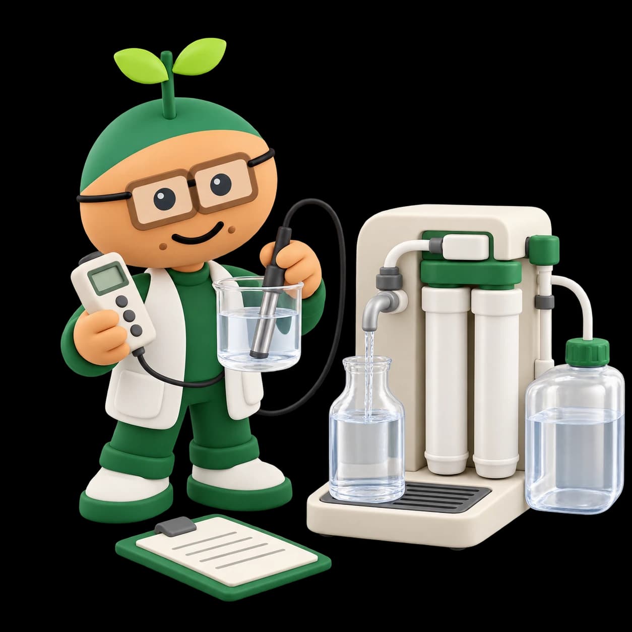 Soft-vinyl illustration of a technician checking clear water with a conductivity probe and meter beside a laboratory purifier, dispensing bottle and closed reservoir.