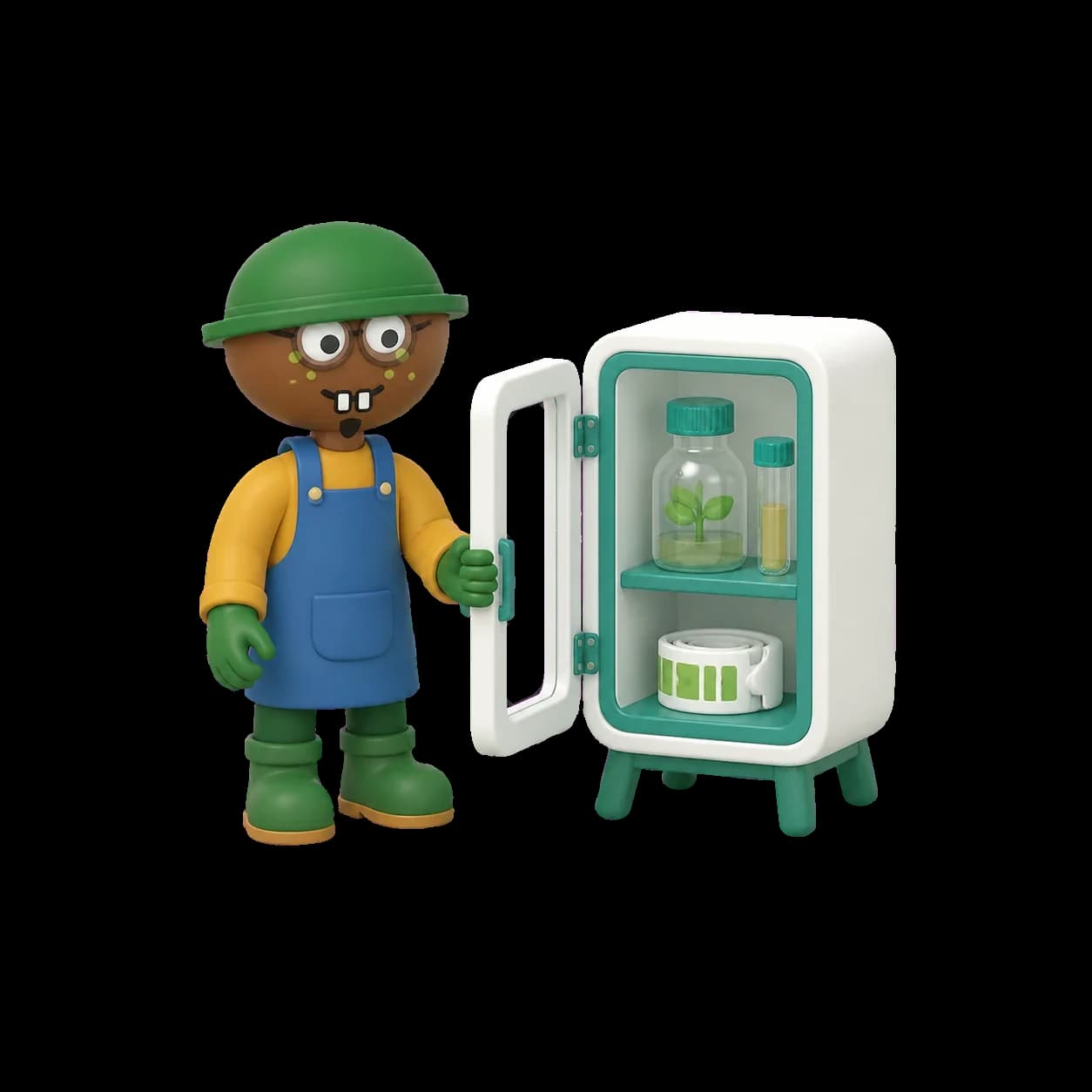 Illustration of a lab worker in a green cap opening a white sterilizer cabinet that holds a culture jar and a roll of indicator tape.