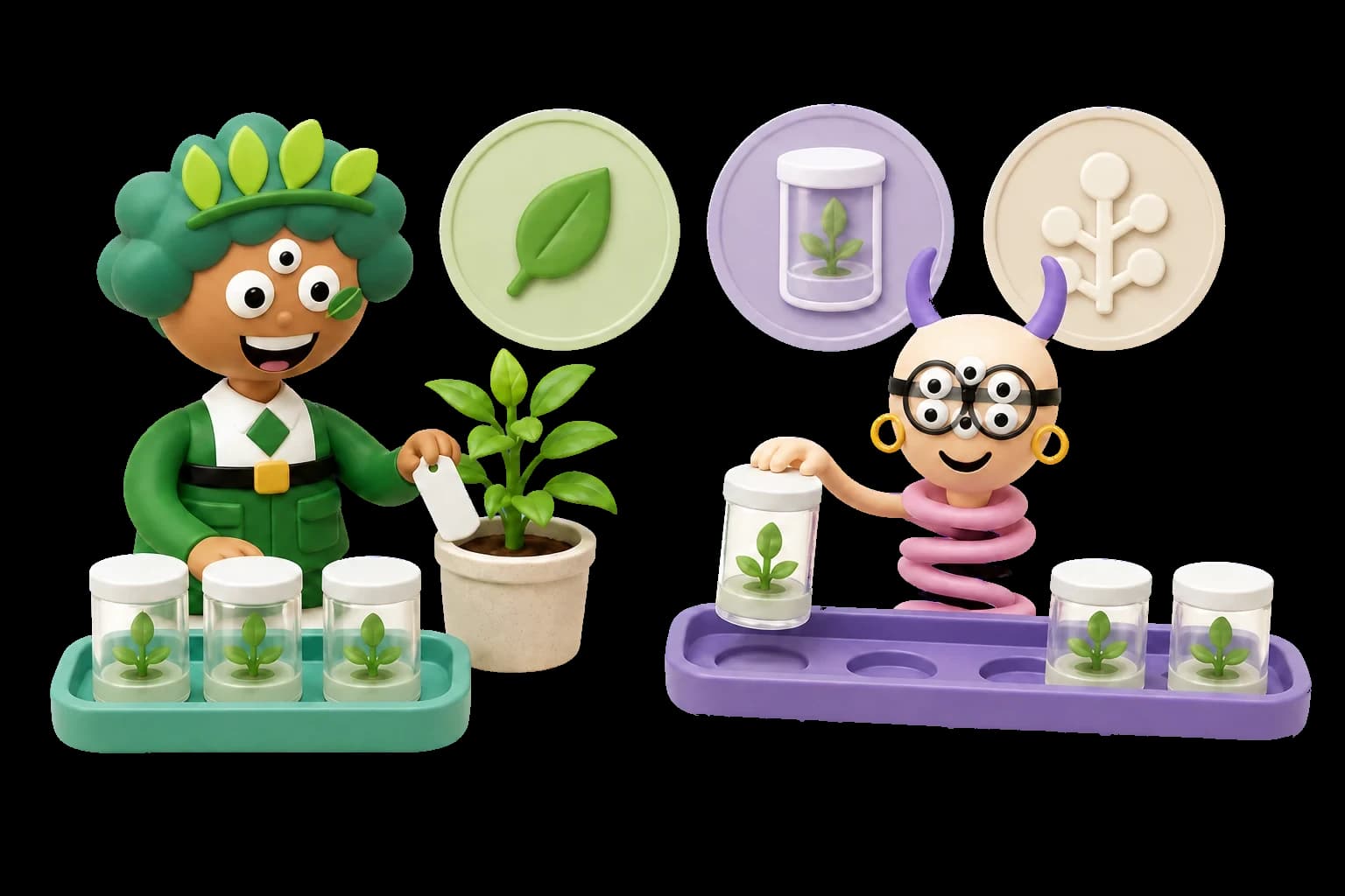 Illustration of two lab workers with trays of culture jars, one holding a rooted plantlet now growing in a pot.