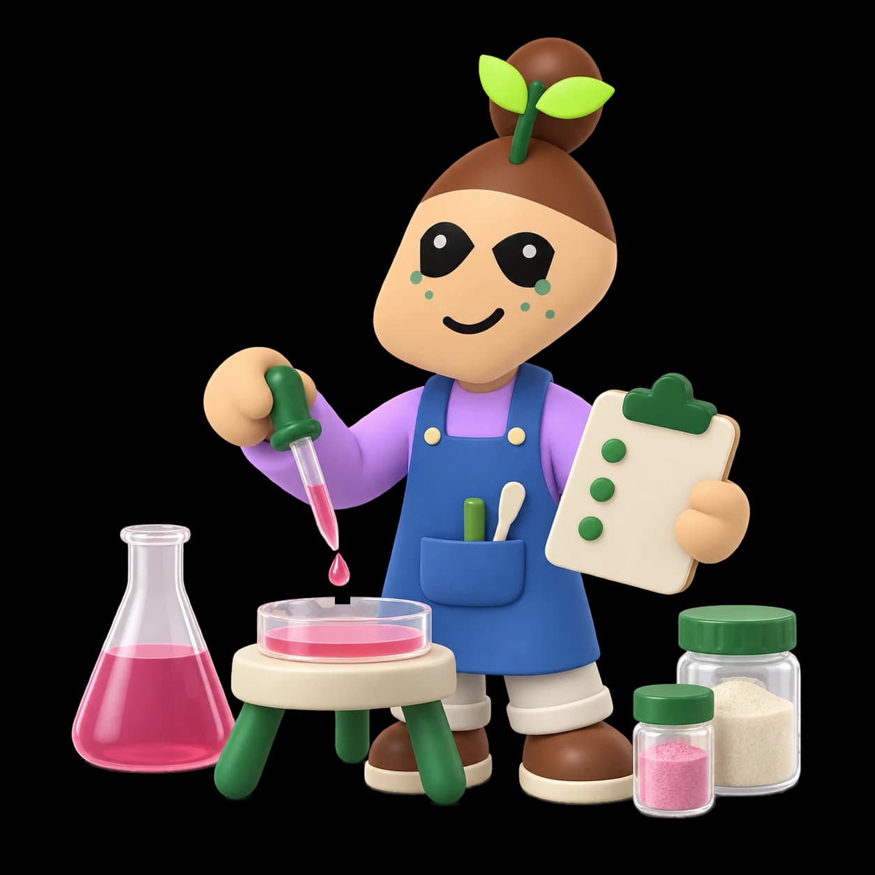Illustration of a lab worker adding drops from a pipette to a dish of pink medium, holding a checklist, beside a flask and two jars of powder.
