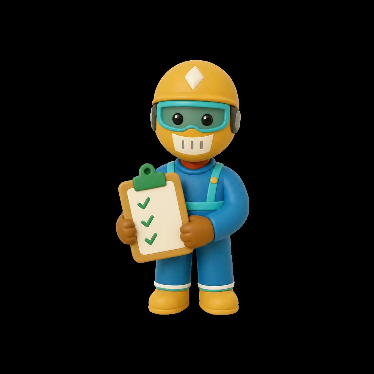 Illustration of a lab worker in goggles and a mask holding a clipboard with three items ticked off.